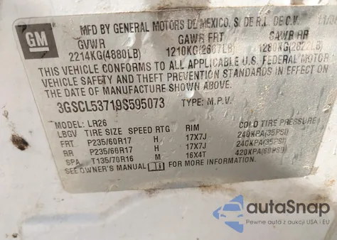 2009 Saturn Vue V6 Xr z USA, uszkodzony, nr VIN 3GSCL53719S595073